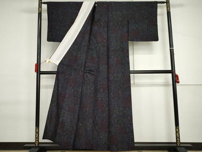 平和屋着物▽本場結城紬　重要無形文化財　単衣　ちぢみ織　草花文　反端・割印付き　正絹　逸品　AABI6200cs