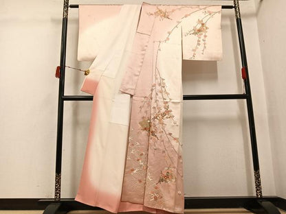 平和屋着物●十日町老舗ブランド　吉澤友禅　吾妻徳穂　訪問着　駒刺繍　舞扇枝花文　暈し染め　正絹　逸品　AABI6216ph