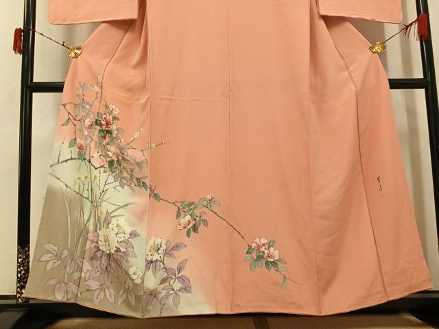 平和屋着物●手描友禅女流作家　一色生子　訪問着　枝花文　正絹　逸品　AABI6218ph