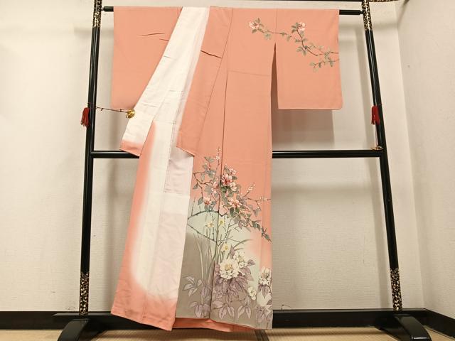 平和屋着物●手描友禅女流作家　一色生子　訪問着　枝花文　正絹　逸品　AABI6218ph