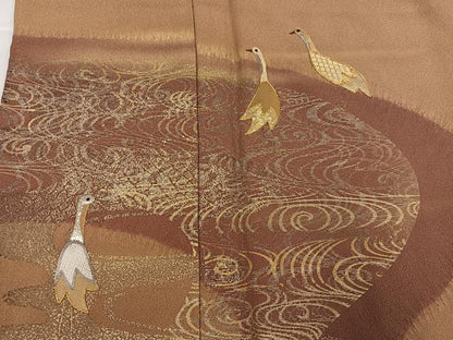 平和屋着物●訪問着　佐賀錦　作家物　百合子　駒刺繍　流水群鳥文　金彩　正絹　逸品　AABI6219ph