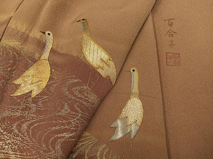 平和屋着物●訪問着　佐賀錦　作家物　百合子　駒刺繍　流水群鳥文　金彩　正絹　逸品　AABI6219ph