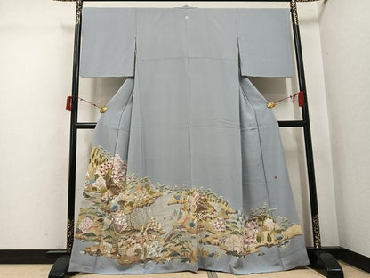 平和屋着物●豪華色留袖　友禅　作家物　駒刺繍　松竹梅風景文　金彩　正絹　逸品　AABI6221ph
