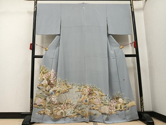 平和屋着物●豪華色留袖　友禅　作家物　駒刺繍　松竹梅風景文　金彩　正絹　逸品　AABI6221ph