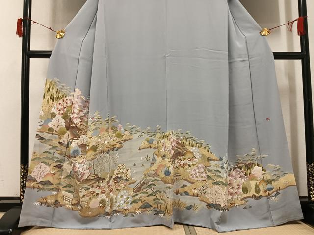 平和屋着物●豪華色留袖　友禅　作家物　駒刺繍　松竹梅風景文　金彩　正絹　逸品　AABI6221ph