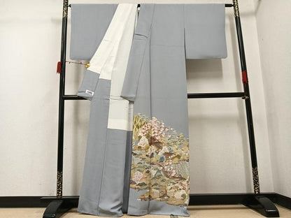 平和屋着物●豪華色留袖　友禅　作家物　駒刺繍　松竹梅風景文　金彩　正絹　逸品　AABI6221ph