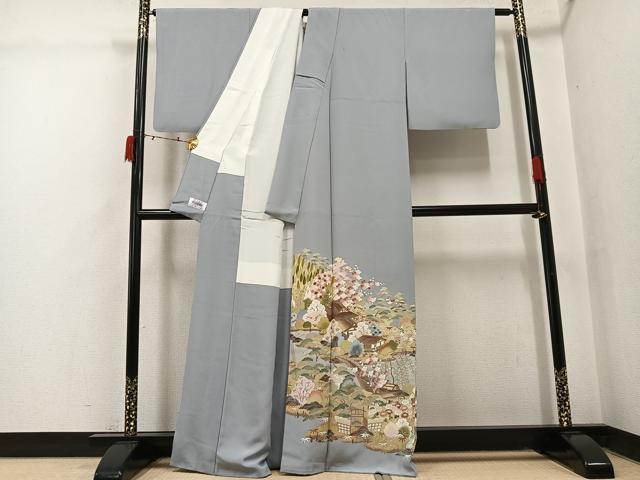 平和屋着物●豪華色留袖　友禅　作家物　駒刺繍　松竹梅風景文　金彩　正絹　逸品　AABI6221ph