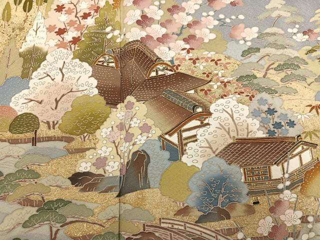平和屋着物●豪華色留袖　友禅　作家物　駒刺繍　松竹梅風景文　金彩　正絹　逸品　AABI6221ph