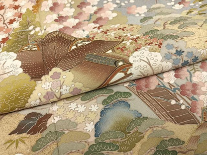 平和屋着物●豪華色留袖　友禅　作家物　駒刺繍　松竹梅風景文　金彩　正絹　逸品　AABI6221ph