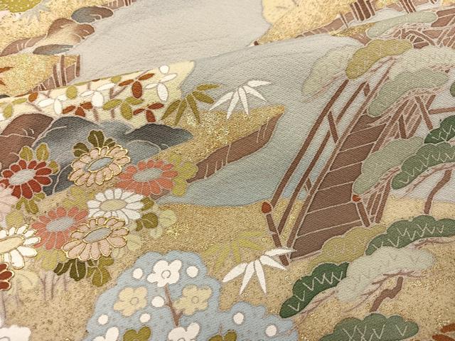 平和屋着物●豪華色留袖　友禅　作家物　駒刺繍　松竹梅風景文　金彩　正絹　逸品　AABI6221ph