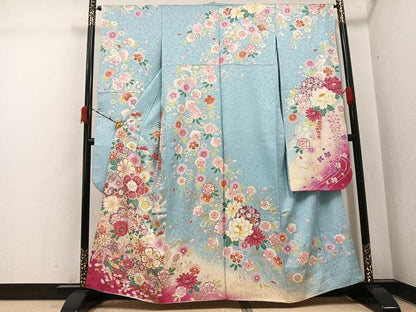 平和屋着物●豪華振袖　草花文　暈し染め　金銀彩　銀通し地　正絹　逸品　AABI6224ph
