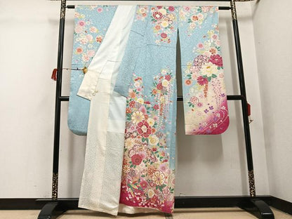 平和屋着物●豪華振袖　草花文　暈し染め　金銀彩　銀通し地　正絹　逸品　AABI6224ph