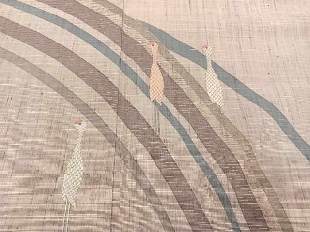 平和屋着物●訪問着　紬地　刺繍　群れ鶴　金彩　正絹　逸品　AABI6229ph