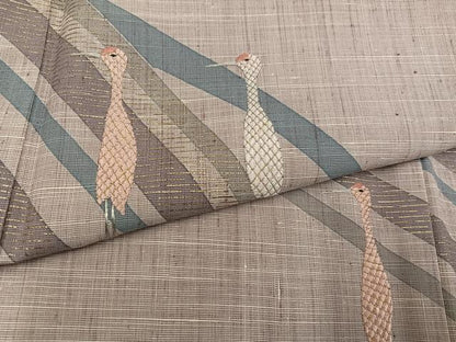 平和屋着物●訪問着　紬地　刺繍　群れ鶴　金彩　正絹　逸品　AABI6229ph