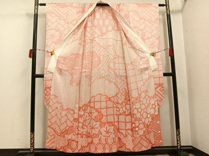 平和屋着物●振袖用長襦袢　無双仕立て　総絞り　吉祥花文　正絹　逸品　AABI6248ph