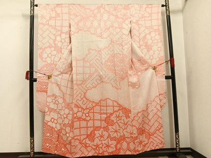 平和屋着物●振袖用長襦袢　無双仕立て　総絞り　吉祥花文　正絹　逸品　AABI6248ph