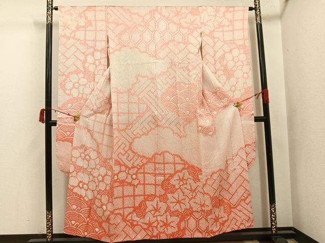平和屋着物●振袖用長襦袢　無双仕立て　総絞り　吉祥花文　正絹　逸品　AABI6248ph