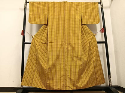 平和屋着物●黄八丈　紬　格子　正絹　逸品　AABI6262ph