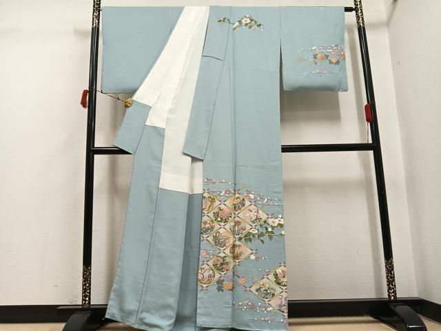 平和屋着物●訪問着　友禅　中国三大刺繍　相良刺繍　天井草花文　正絹　逸品　AABI6269ph