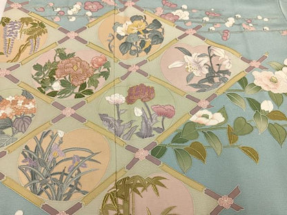 平和屋着物●訪問着　友禅　中国三大刺繍　相良刺繍　天井草花文　正絹　逸品　AABI6269ph