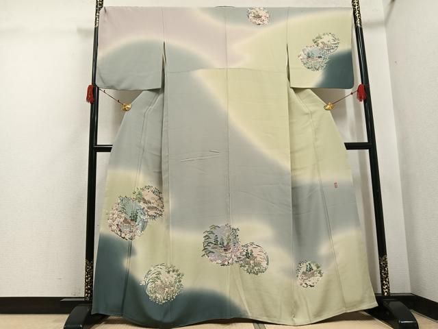 平和屋着物●十日町　加賀草木友禅の第一人者　田村哲彦　訪問着　松竹梅風景文　暈し染め　正絹　逸品　AABI6280ph