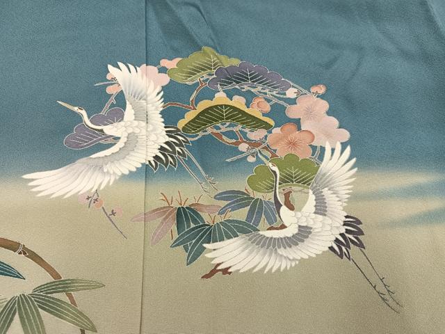 平和屋着物●訪問着　友禅　作家物　松竹梅群れ鶴文　暈し染め　正絹　逸品　AABI6281ph