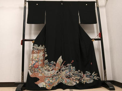 平和屋着物●本加賀友禅作家　奥原一就　黒留袖　松竹梅几帳風景文　正絹　逸品　AABI6282ph