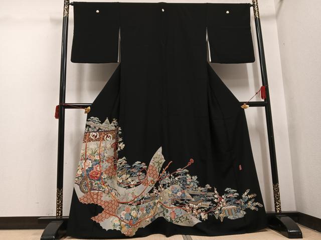 平和屋着物●本加賀友禅作家　奥原一就　黒留袖　松竹梅几帳風景文　正絹　逸品　AABI6282ph