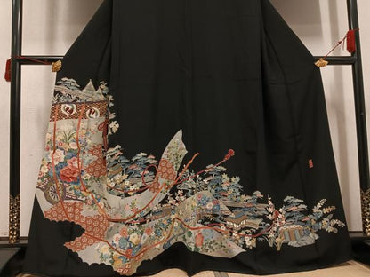 平和屋着物●本加賀友禅作家　奥原一就　黒留袖　松竹梅几帳風景文　正絹　逸品　AABI6282ph