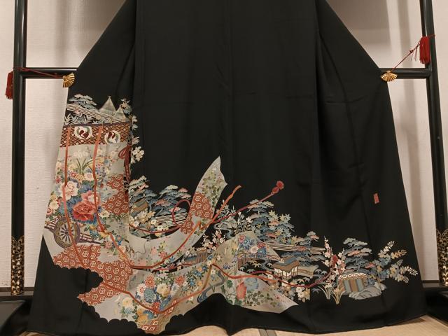 平和屋着物●本加賀友禅作家　奥原一就　黒留袖　松竹梅几帳風景文　正絹　逸品　AABI6282ph