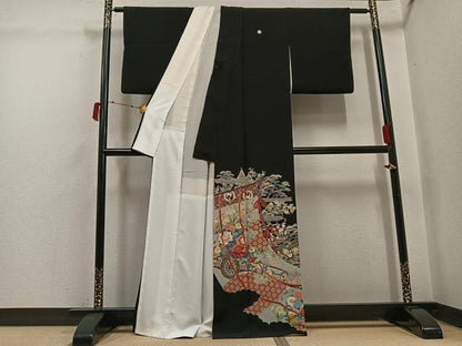 平和屋着物●本加賀友禅作家　奥原一就　黒留袖　松竹梅几帳風景文　正絹　逸品　AABI6282ph