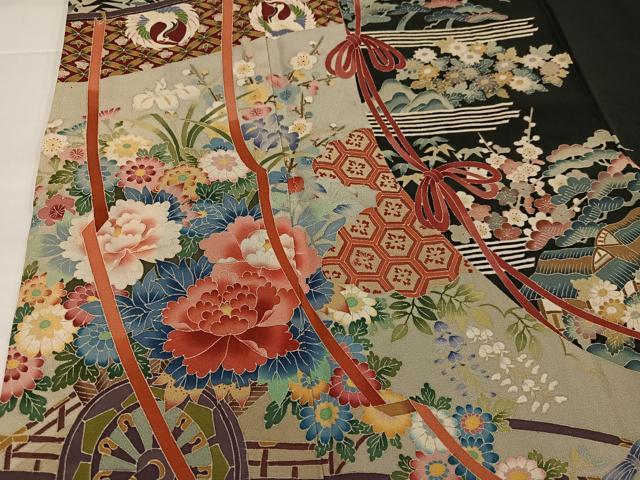 平和屋着物●本加賀友禅作家　奥原一就　黒留袖　松竹梅几帳風景文　正絹　逸品　AABI6282ph