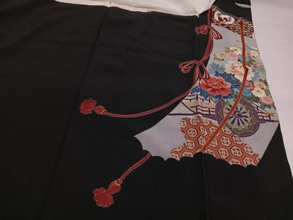 平和屋着物●本加賀友禅作家　奥原一就　黒留袖　松竹梅几帳風景文　正絹　逸品　AABI6282ph