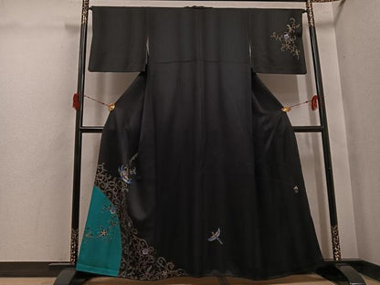 平和屋着物●染織作家　染織デザイナー　大島明　訪問着　花鳥唐草文　黒地　金銀彩　正絹　逸品　AABI6283ph