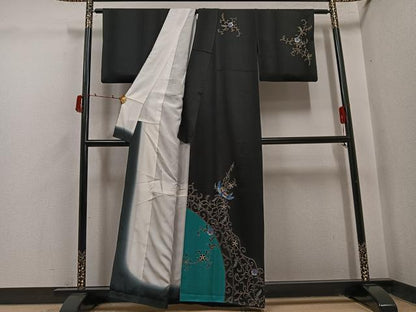 平和屋着物●染織作家　染織デザイナー　大島明　訪問着　花鳥唐草文　黒地　金銀彩　正絹　逸品　AABI6283ph