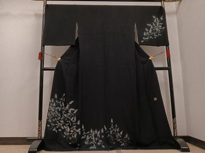 平和屋着物●和紙染染色作家・植村彩弘　訪問着　雀草花文　暈し染め　黒地　金彩　やまと誂製　正絹　逸品　AABI6284ph