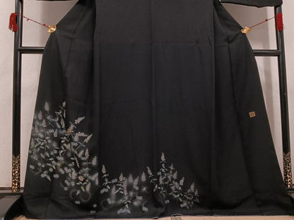 平和屋着物●和紙染染色作家・植村彩弘　訪問着　雀草花文　暈し染め　黒地　金彩　やまと誂製　正絹　逸品　AABI6284ph