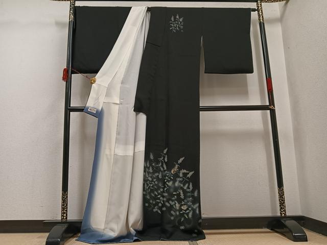 平和屋着物●和紙染染色作家・植村彩弘　訪問着　雀草花文　暈し染め　黒地　金彩　やまと誂製　正絹　逸品　AABI6284ph