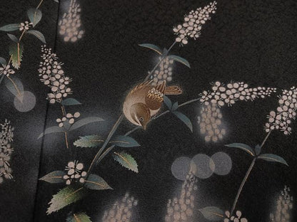 平和屋着物●和紙染染色作家・植村彩弘　訪問着　雀草花文　暈し染め　黒地　金彩　やまと誂製　正絹　逸品　AABI6284ph