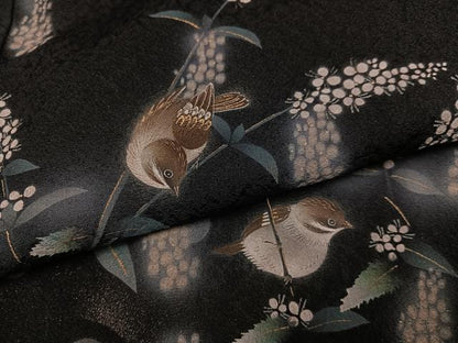 平和屋着物●和紙染染色作家・植村彩弘　訪問着　雀草花文　暈し染め　黒地　金彩　やまと誂製　正絹　逸品　AABI6284ph