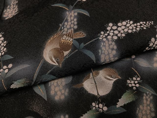 平和屋着物●和紙染染色作家・植村彩弘　訪問着　雀草花文　暈し染め　黒地　金彩　やまと誂製　正絹　逸品　AABI6284ph