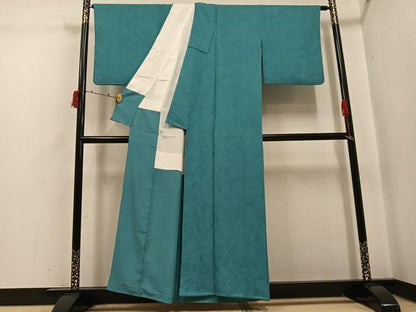 平和屋着物●上質な色無地　草花地紋　錆浅葱色　正絹　逸品　AABI6285ph