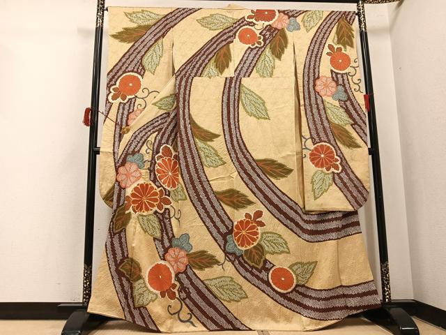 平和屋着物●豪華振袖　駒刺繍　絞り　草花文　金彩　正絹　逸品　AABI6290ph