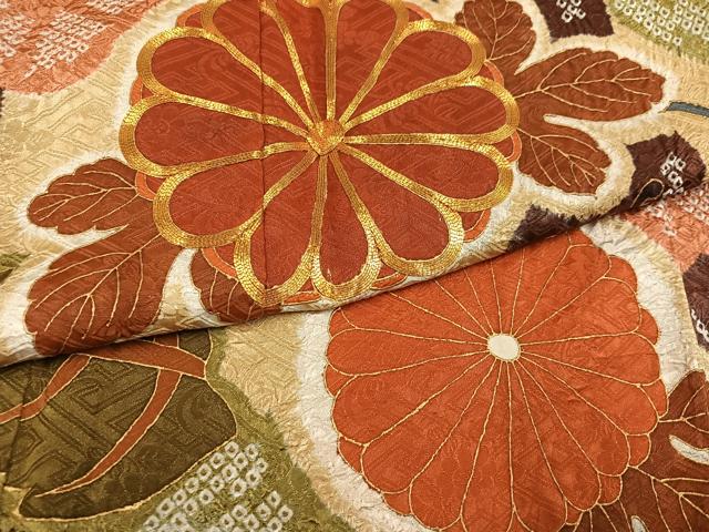 平和屋着物●豪華振袖　駒刺繍　絞り　草花文　金彩　正絹　逸品　AABI6290ph