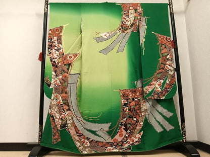 平和屋着物●豪華振袖　几帳花唐草文　暈し染め　金銀彩　正絹　逸品　AABI6291ph