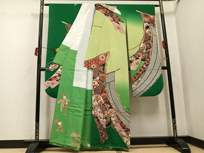 平和屋着物●豪華振袖　几帳花唐草文　暈し染め　金銀彩　正絹　逸品　AABI6291ph