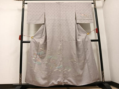 平和屋着物●訪問着　友禅　作家物　風景松笹文　正絹　逸品　AABI6292ph