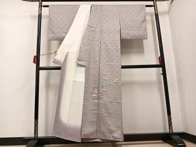 平和屋着物●訪問着　友禅　作家物　風景松笹文　正絹　逸品　AABI6292ph