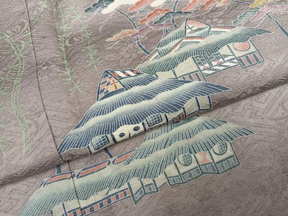 平和屋着物●訪問着　友禅　作家物　風景松笹文　正絹　逸品　AABI6292ph