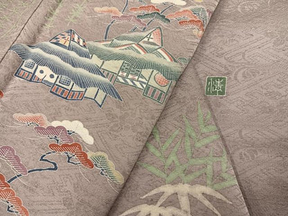 平和屋着物●訪問着　友禅　作家物　風景松笹文　正絹　逸品　AABI6292ph